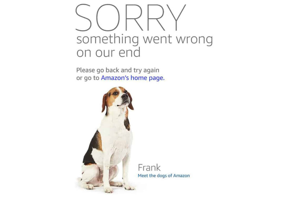 Strona błędu 404 Amazon - "Meet the dogs of Amazon"