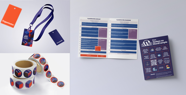 Materiały promocyjne w postaci naklejek i badgy WordCamp Gdynia 2024