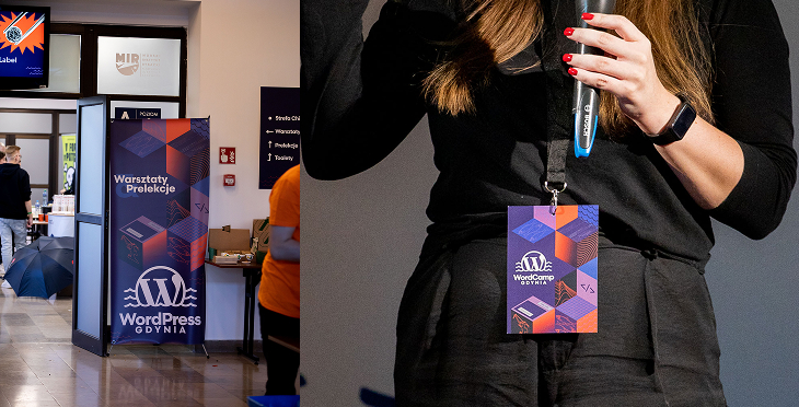 Zdjęcie rollupu i badge na WordCamp Gdynia 2024